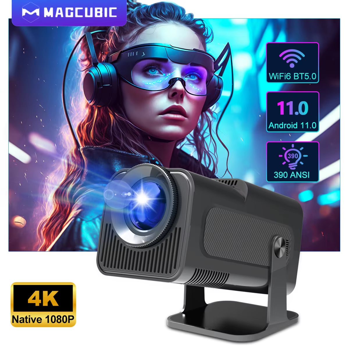 Projecteur portable Android 11 4K, Wifi6 HY320 avec Allwinner H713, 390 ANSI, BT 5.0, résolution 1920x1080P, mise à jour HY300 pour utilisation extérieure.